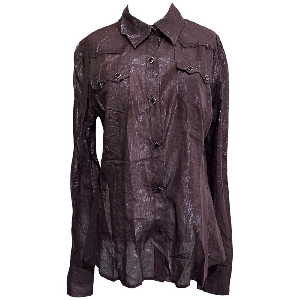 Roper Western Cotton Button Up Shirt Large Chocolate Brown Metallic Semi Sheer